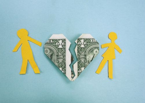 Alimony - Split Heart-Shaped Dollar Bill and Paper Doll Couple - BartonWood