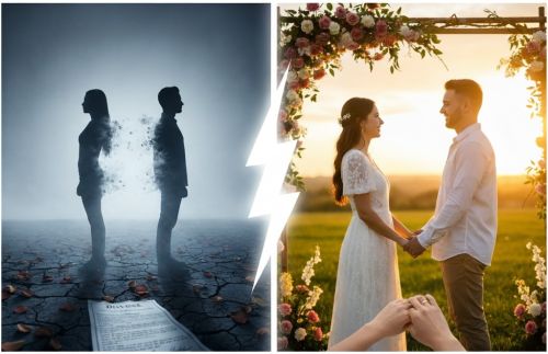 Two panel images of divorcing couple and wedding couple. Visual concept for a blog discussing the effect of divorce and remarriage on child support.