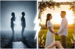 Two panel images of divorcing couple and wedding couple. Visual concept for a blog discussing the effect of divorce and remarriage on child support.